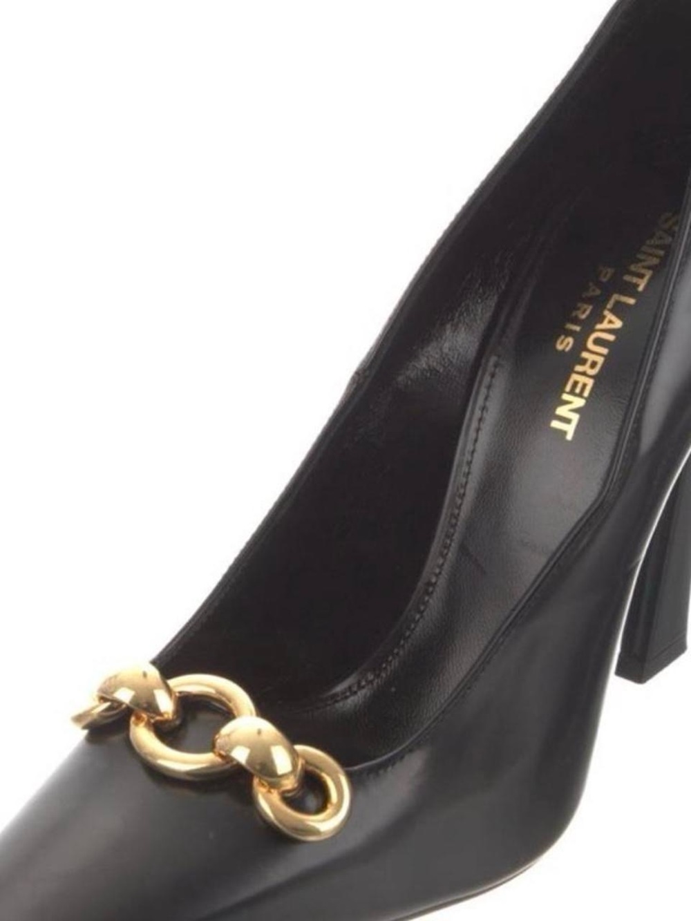 Saint Laurent Black Leather Pump with Gold Chain Detail